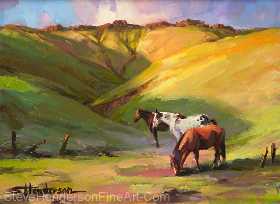 Three Horses, original oil painting on canvas panel by Steve Henderson of Steve Henderson Fine Art.